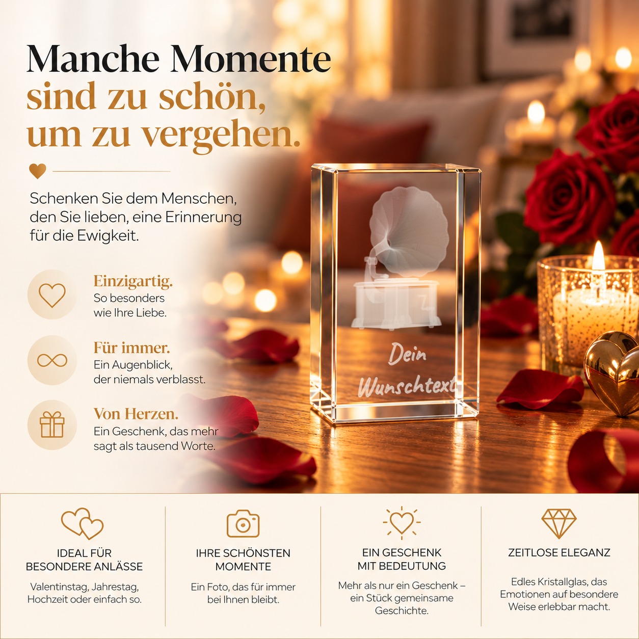 Glaskristall Grammofon als personalisiertes Geschenk für Musiker, Detailansicht des Glasquaders mit Wunschtext