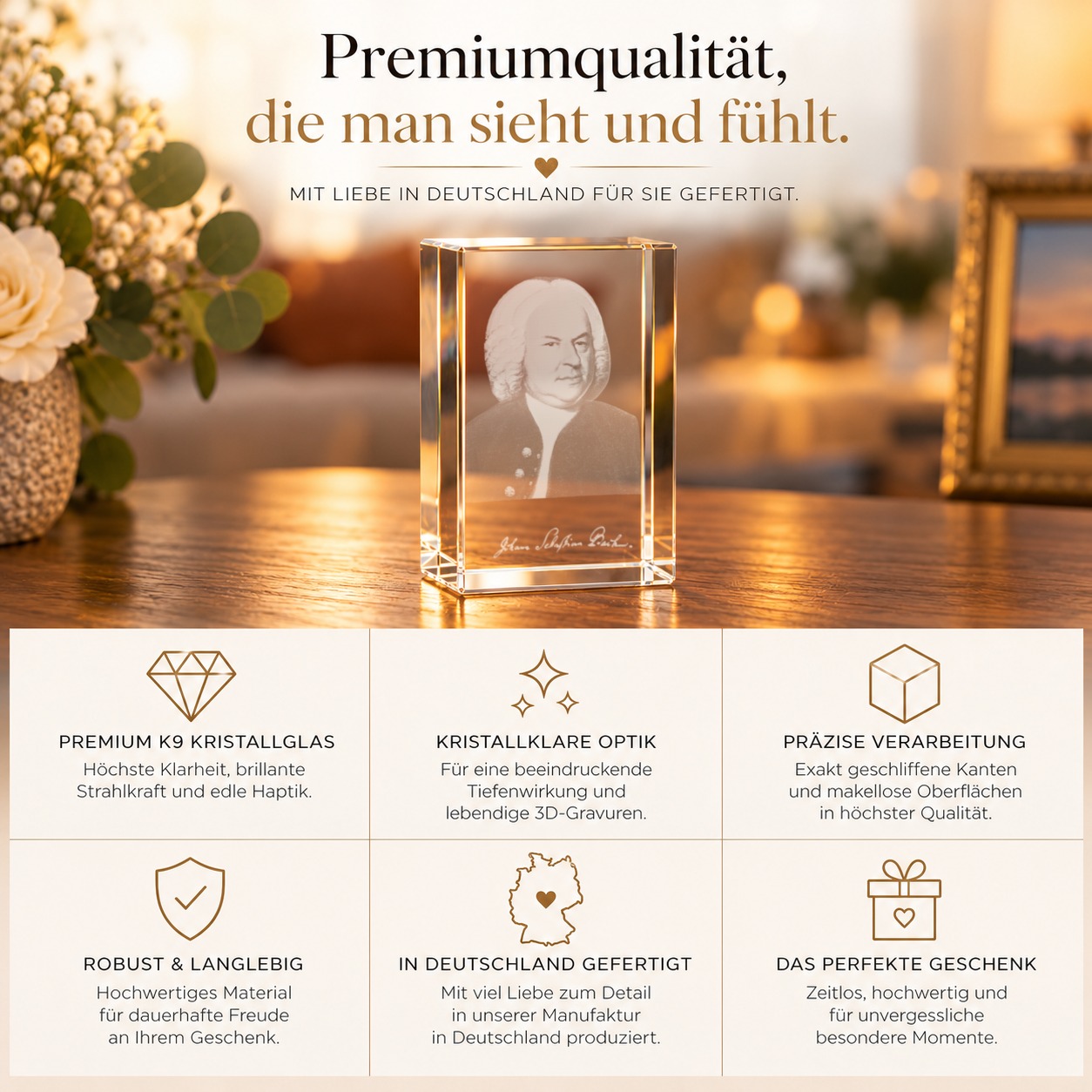 3D Glasquader Motiv: 3D Autogramm Johann Sebastian Bach – Qualität
