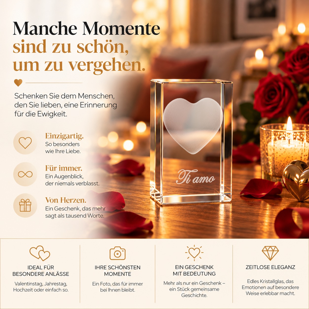 Nahaufnahme der Laserinnengravur im 3D-Glaskristall Herz mit Schreibschrift „Ti amo“