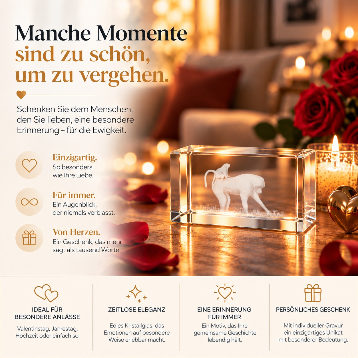 Glasquader mit abgeschrägten Kanten und 3D-Glaskristall Affe als Geschenk für Tierfreunde