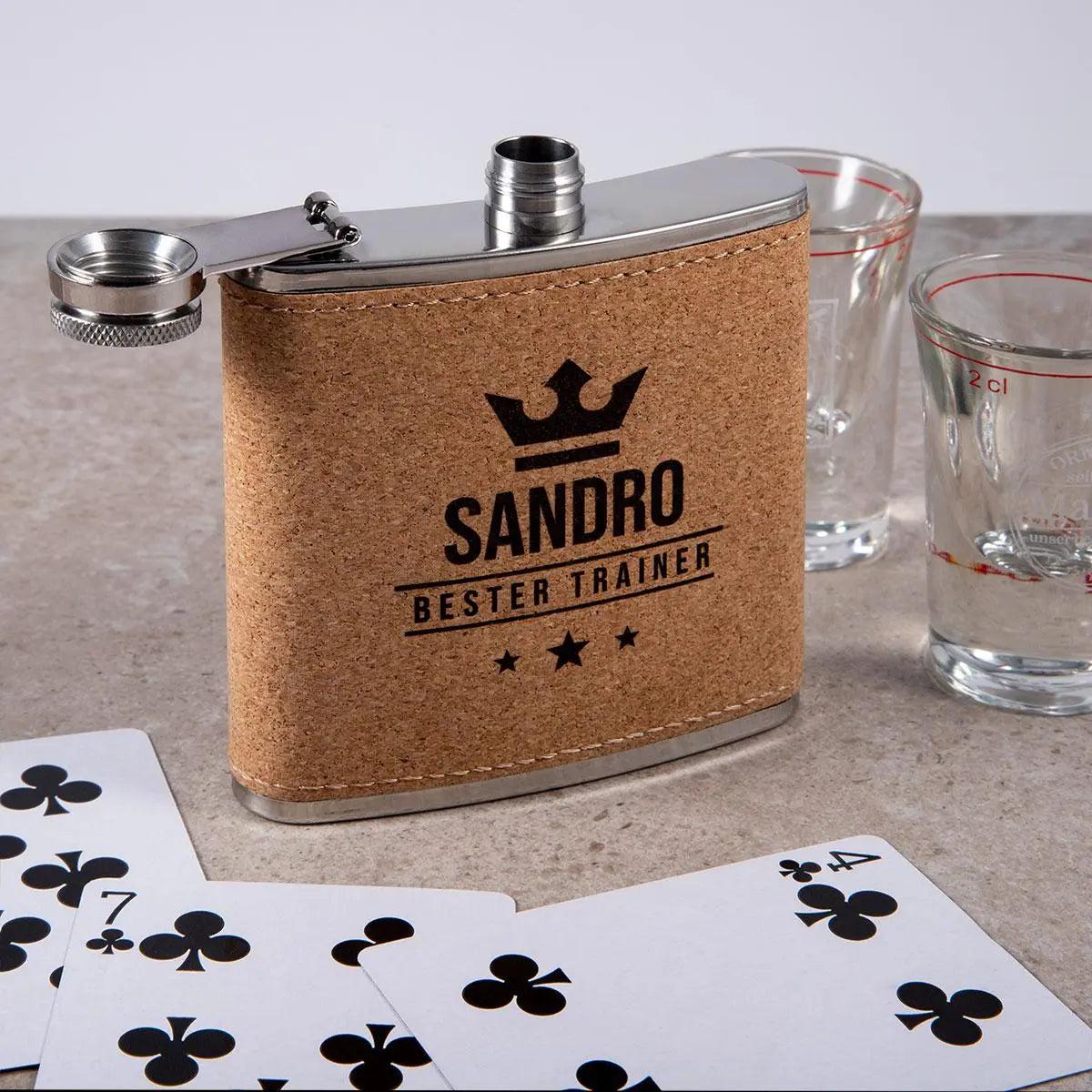 Flachmann aus Edelstahl mit Kork und Gravur 175 ml - personalisiertes Geschenk für Outdoor und Genießer