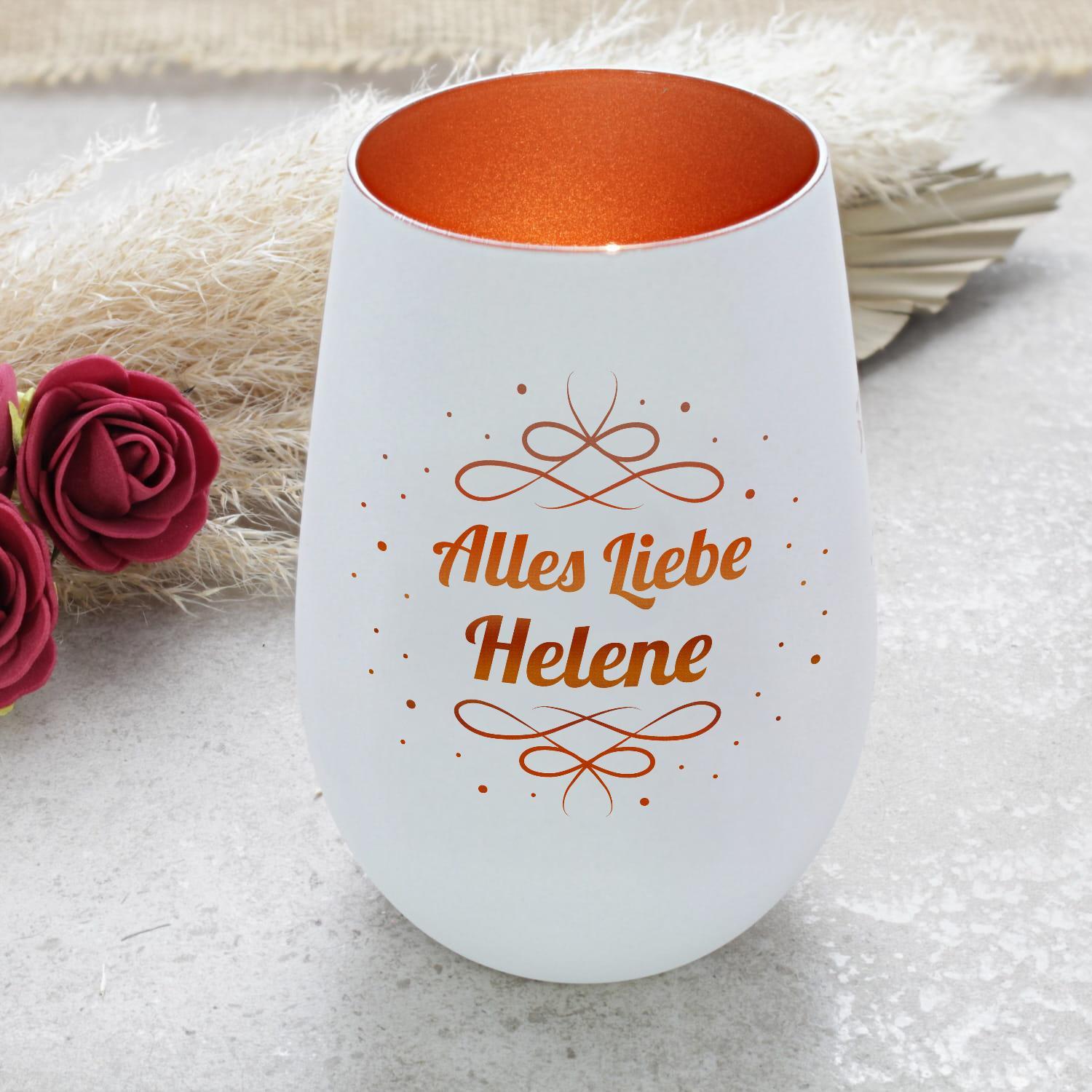 Windlicht mit Gravur Weiß-Bronze - personalisiertes Teelichtglas