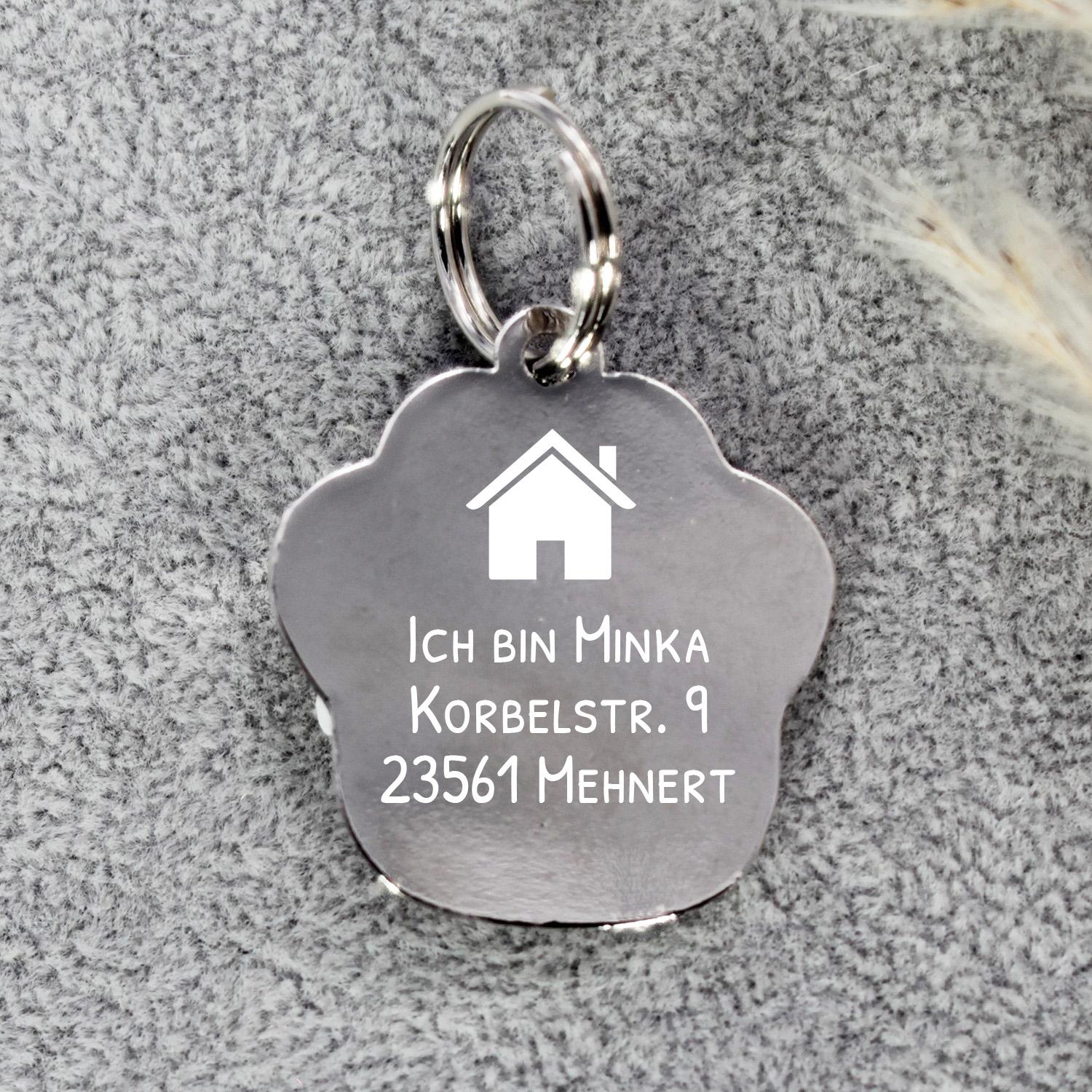 Hundemarke Pfote mit Gravur in Blau - personalisierte Tiermarke