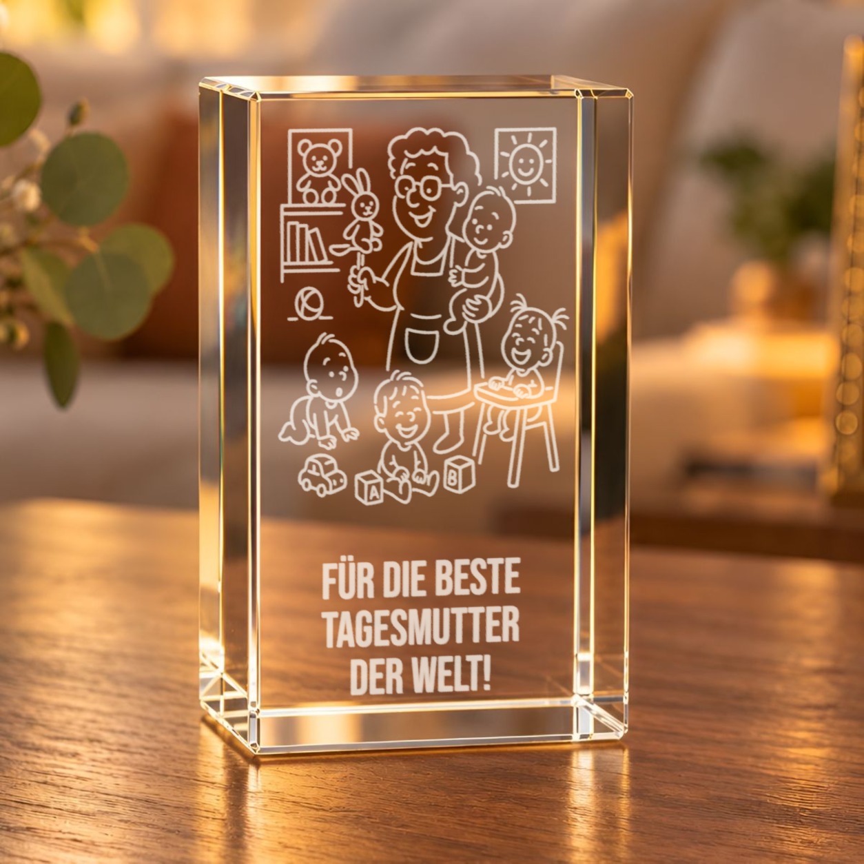 Glaskristall Tagesmutter mit 3D-Gravur von Tagesmutter, Kindern und Schriftzug „Für die beste Tagesmutter der Welt!“ auf einem Holztisch im Wohnzimmer