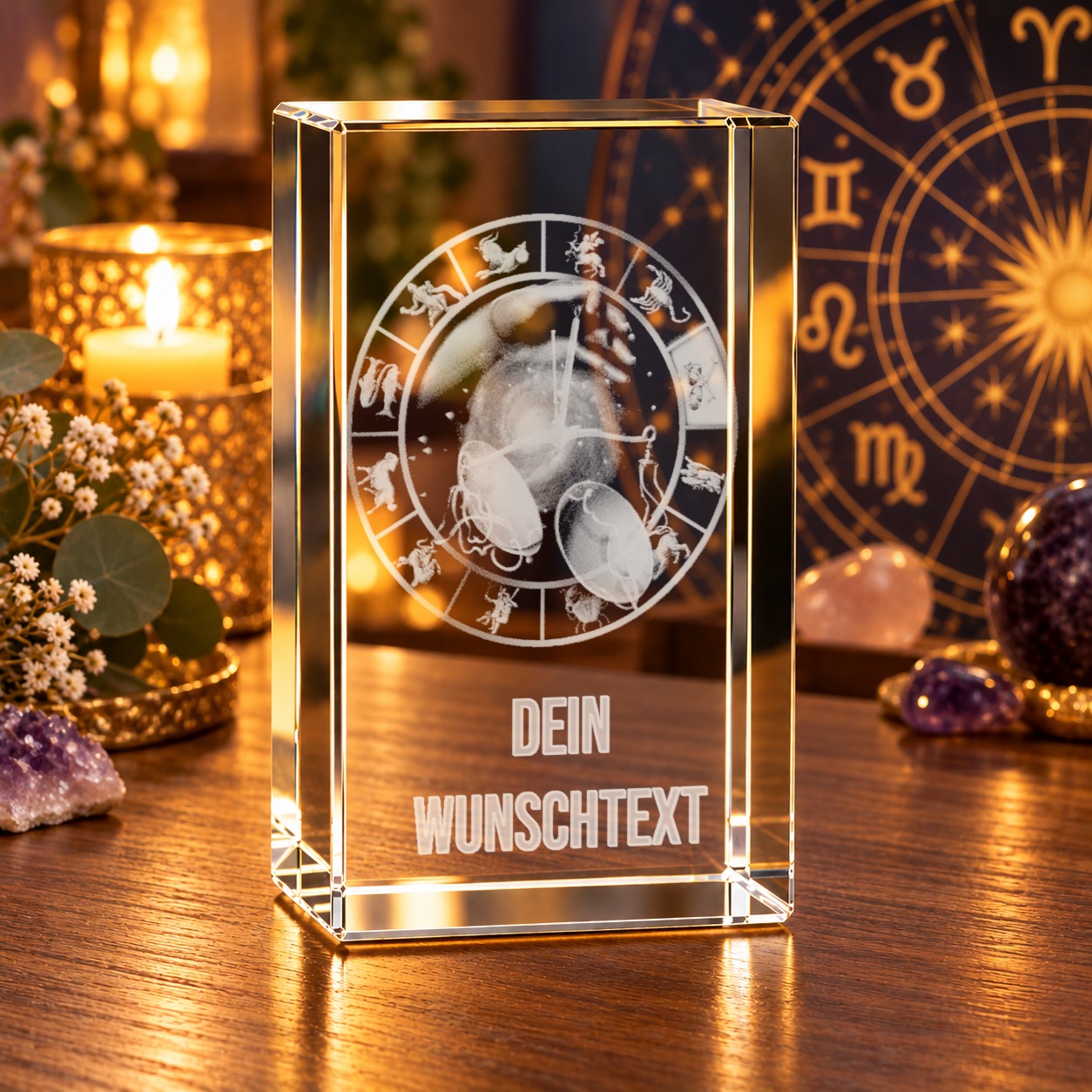 Glaskristall Sternzeichen Waage mit Tierkreisrad und Wunschtext auf einem Holztisch zwischen Kerzen und Amethyst-Steinen