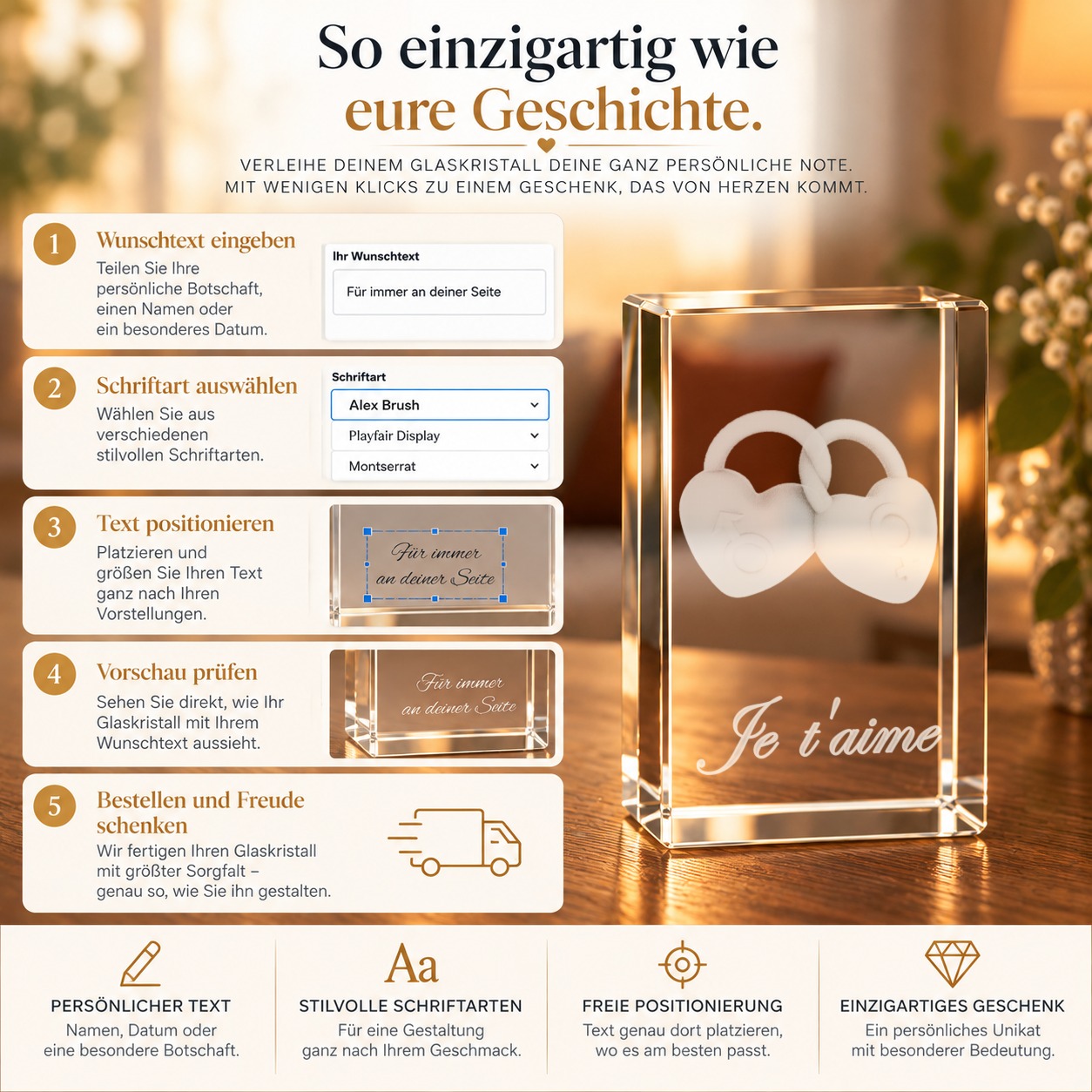 3D Glasquader I Liebesschlösser I Je t’aime – Personalisierung