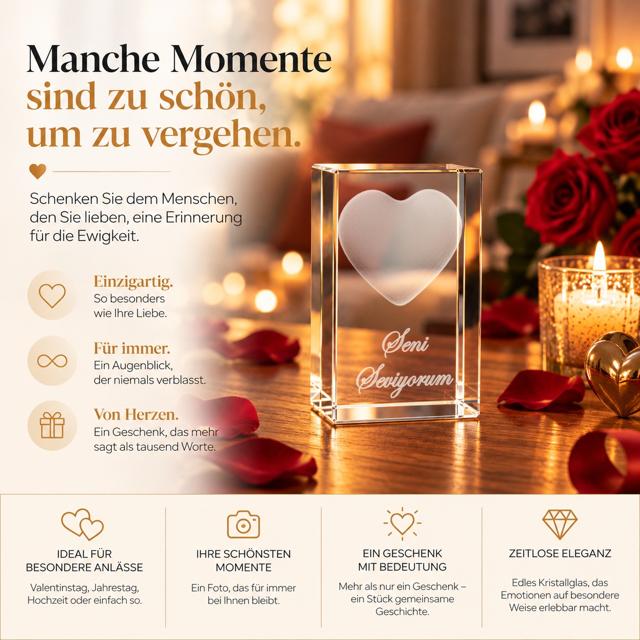 3D-Glaskristall Herz als Liebesgeschenk, Kristallglas mit polierten Kanten von vorn