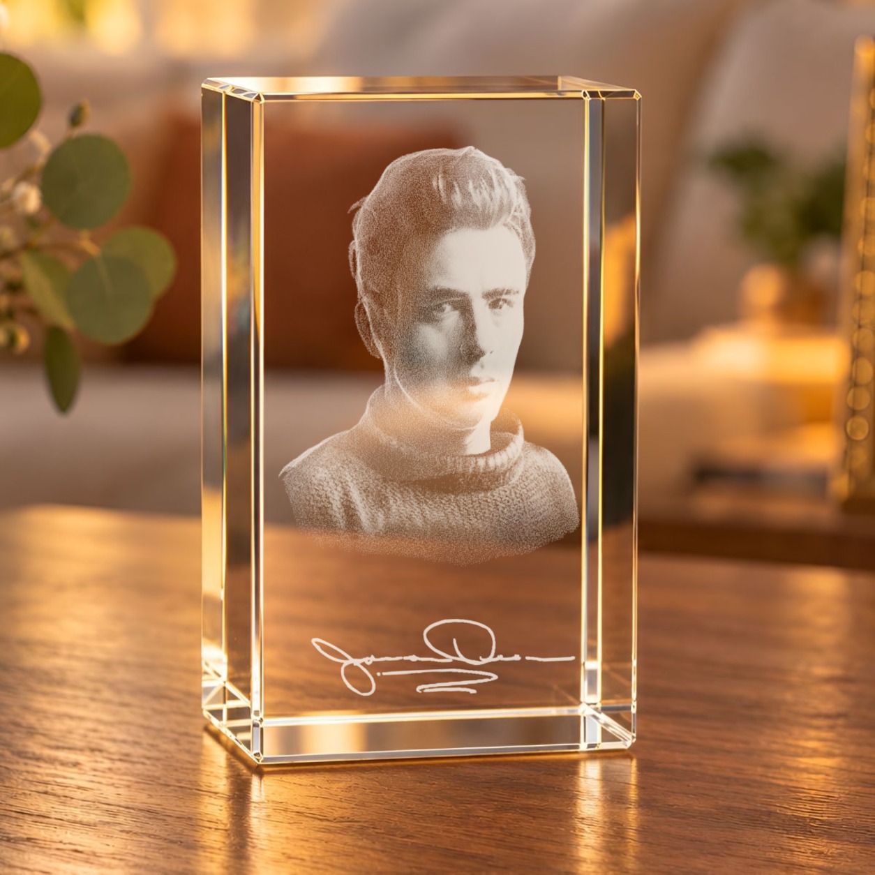 James Dean Glaskristall mit 3D-Porträt und Autogramm auf einem Holztisch im Wohnzimmer