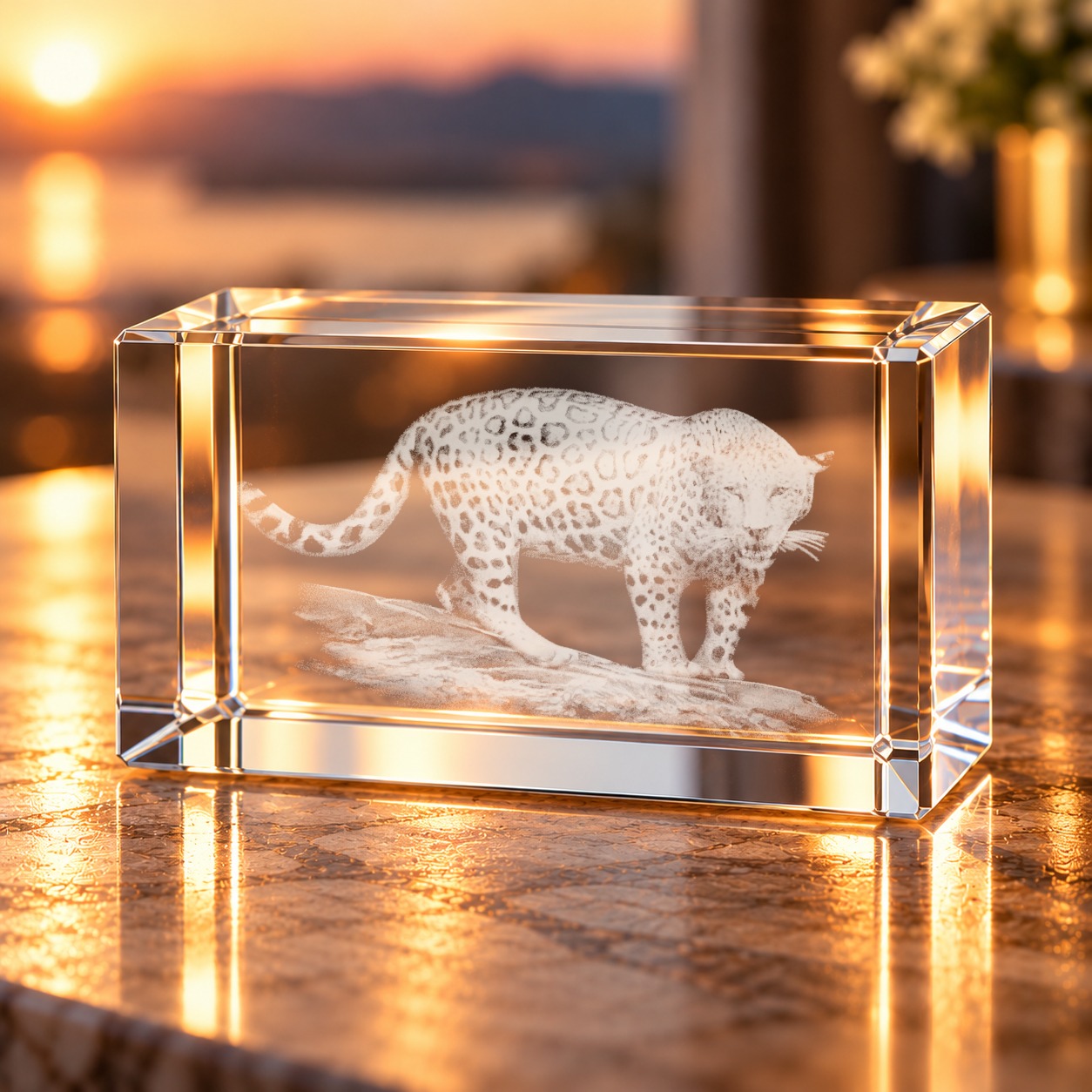 3D-Glaskristall Jaguar im Wohnraum: Glasquader mit gravierter Raubkatze auf einer Tischplatte im Abendlicht