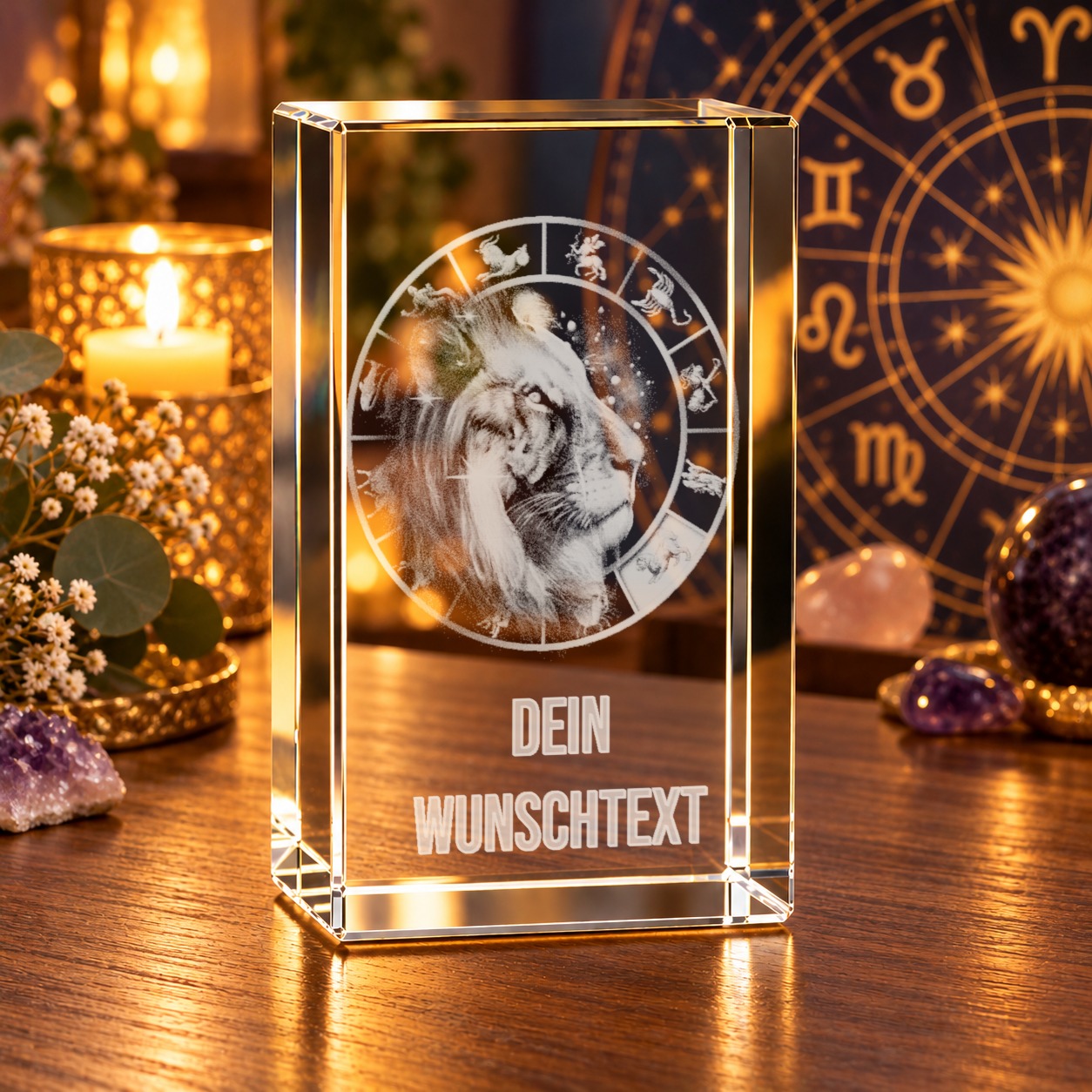 Glaskristall Sternzeichen Löwe mit Wunschtext auf einem Holztisch im Wohnraum, daneben Kerzenlicht, Amethyst und Tierkreis-Dekoration