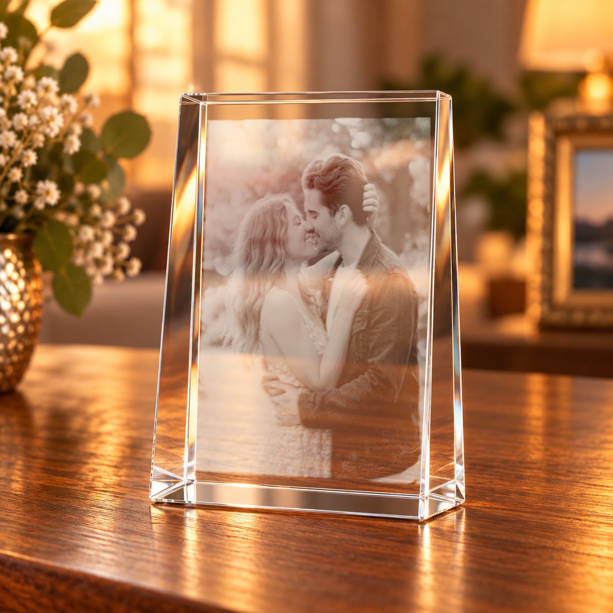 Glaskristall Fotoframe mit Foto-Gravur eines küssenden Paares auf einem Holztisch im Wohnzimmer, daneben eine Vase mit weißen Blüten