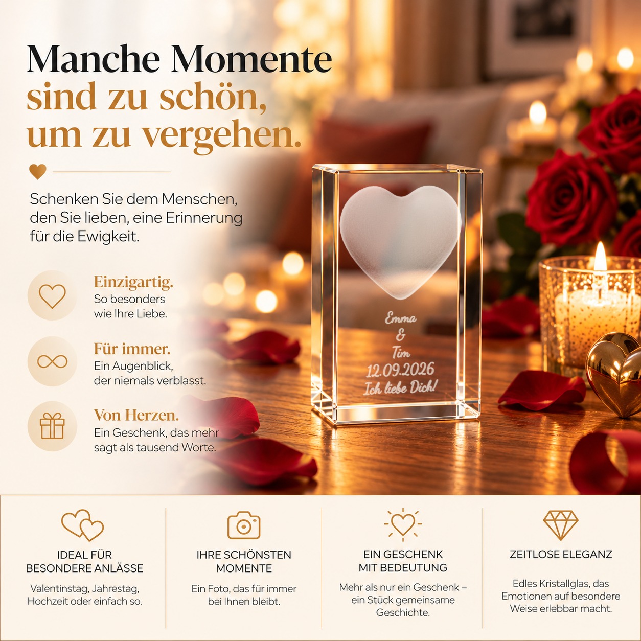 Glaskristall Herz mit Wunschtext als personalisiertes Liebesgeschenk mit Laserinnengravur