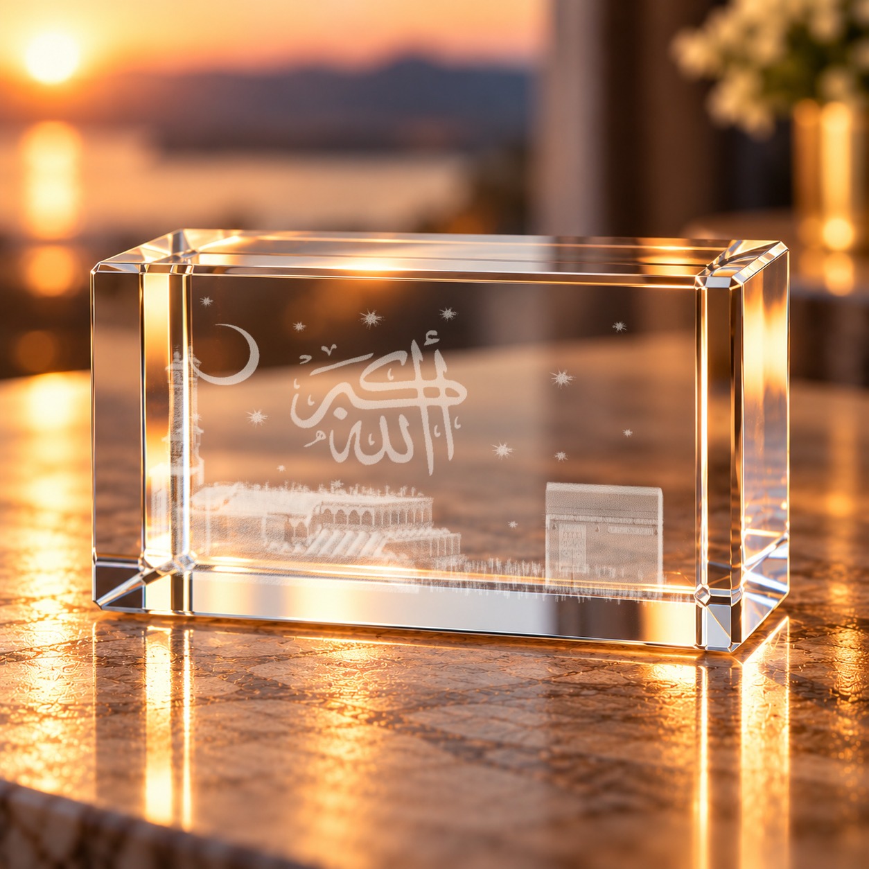 Glaskristall Mekka mit 3D-Gravur von Kaaba, Moschee und arabischem Schriftzug, auf einem Tisch im Wohnraum bei Abendlicht