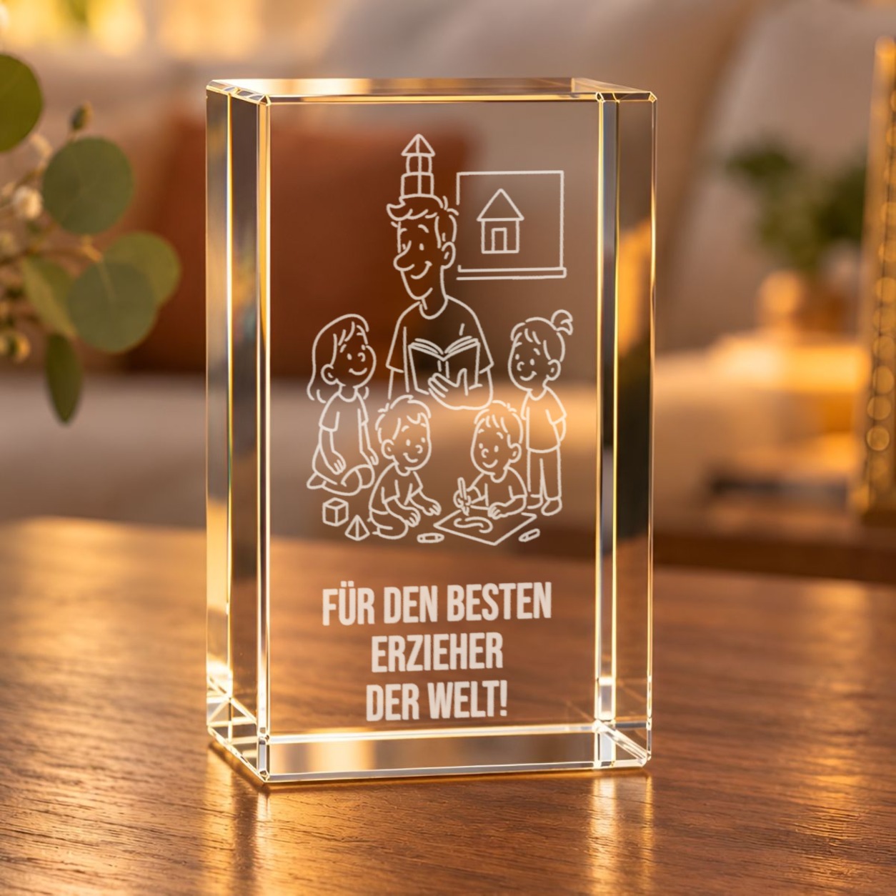 3D-Glaskristall Erzieher mit Kindern, Glasquader mit Laserinnengravur auf einem Holztisch im Wohnzimmer