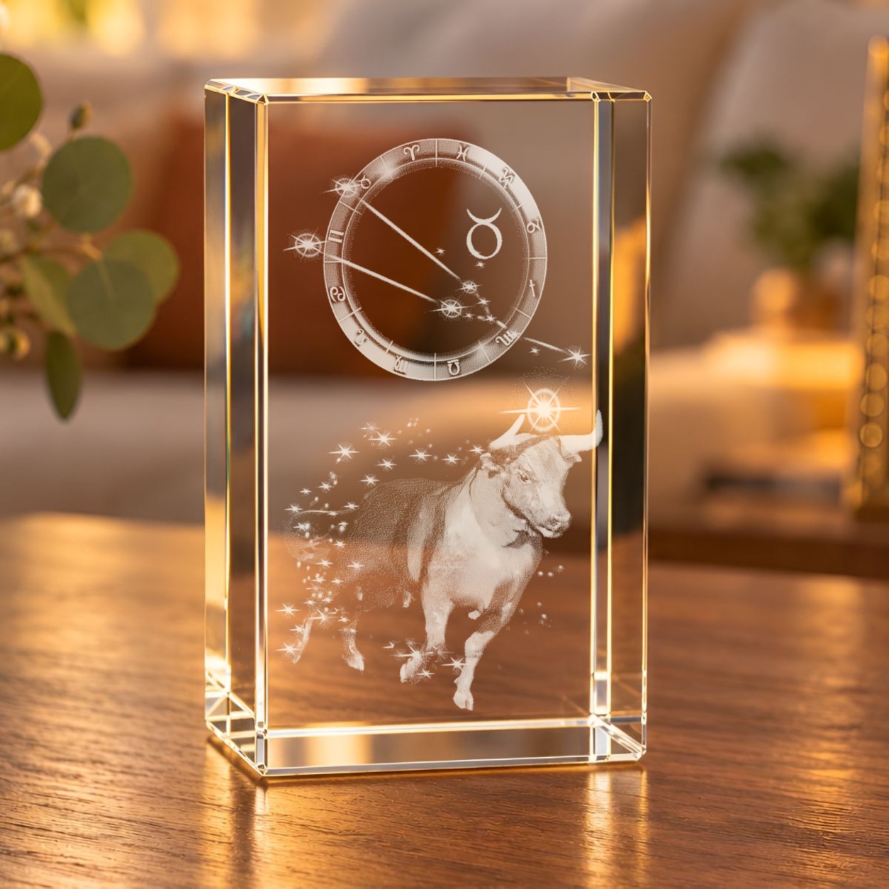Glaskristall Sternzeichen Stier mit 3D-Laserinnengravur auf einem Holztisch im Wohnraum, warm beleuchtet