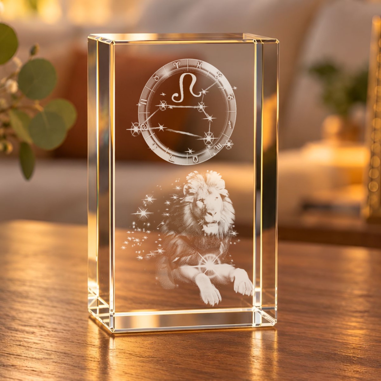 Glaskristall Sternzeichen Löwe mit 3D-Innengravur von Löwe und Sternbild auf einem Holztisch im Wohnraum