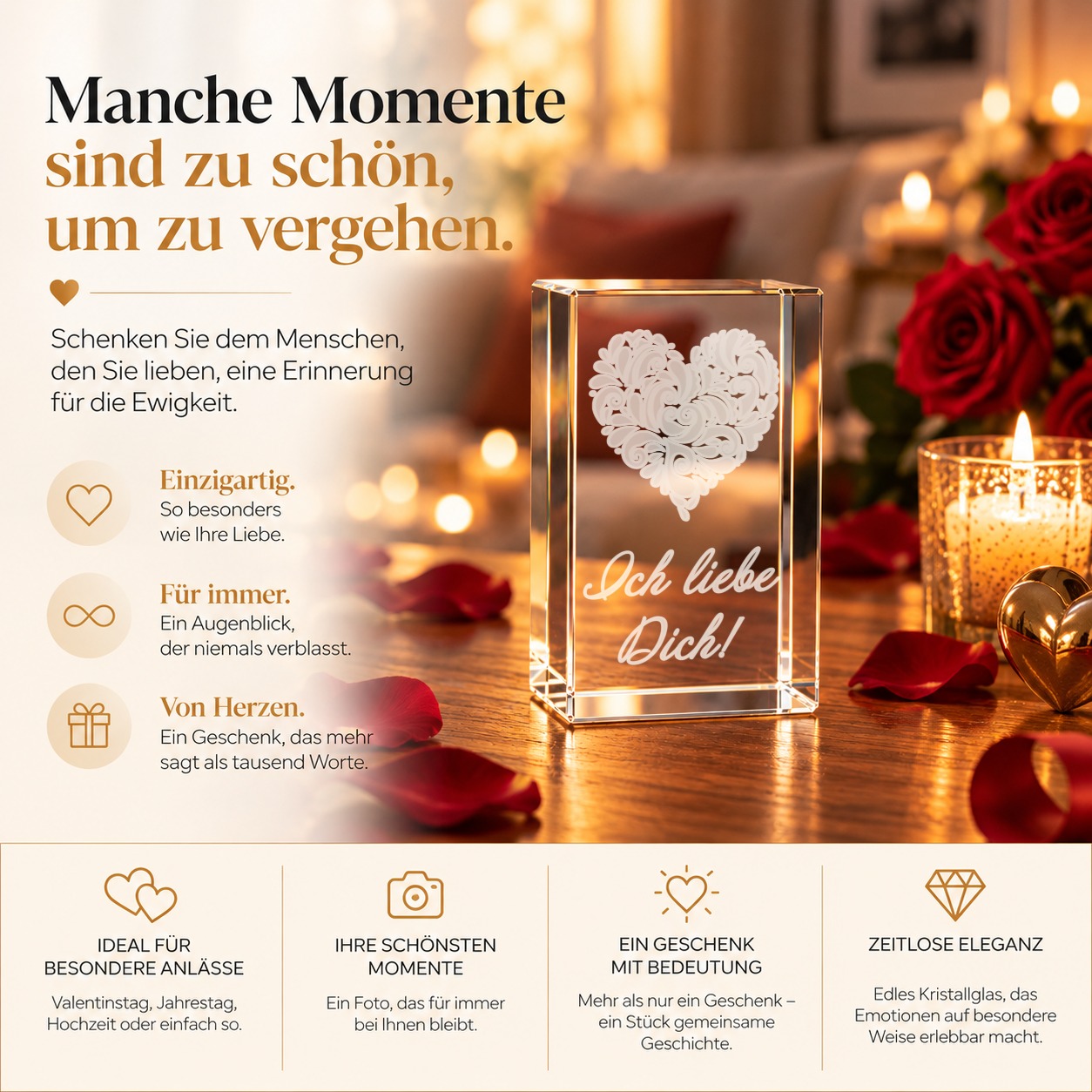 Glasquader mit Laserinnengravur Verziertes Herz und Schriftzug „Ich liebe Dich!“ als Liebesgeschenk