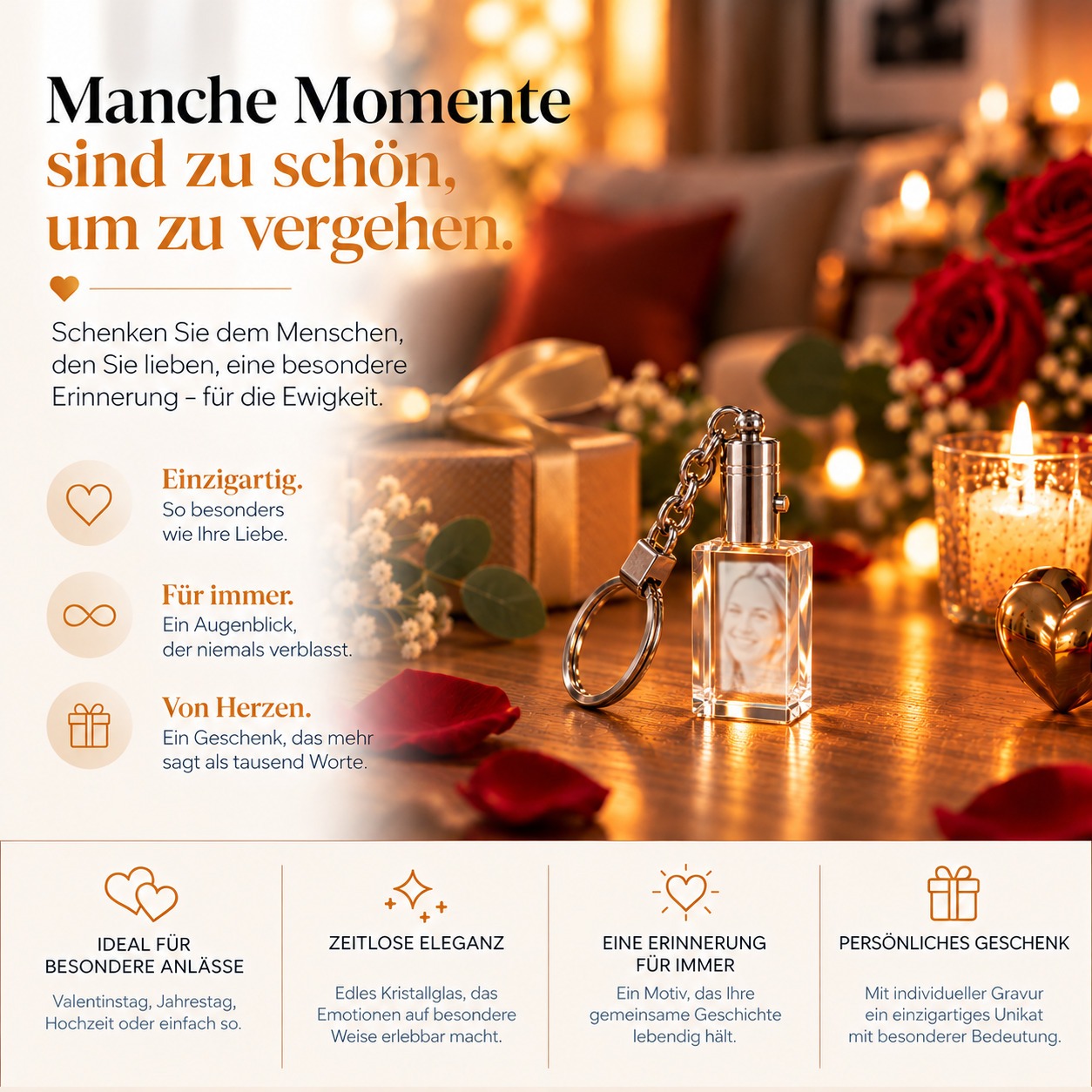 Personalisierter Schlüsselanhänger mit Foto aus Glas als Geschenk für Jahrestag, Geburtstag oder Vatertag