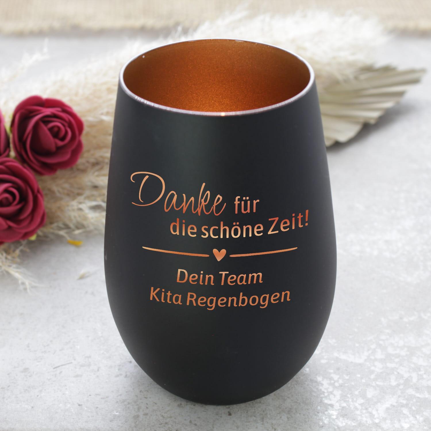 Windlicht mit Gravur Schwarz-Bronze - personalisiertes Teelichtglas