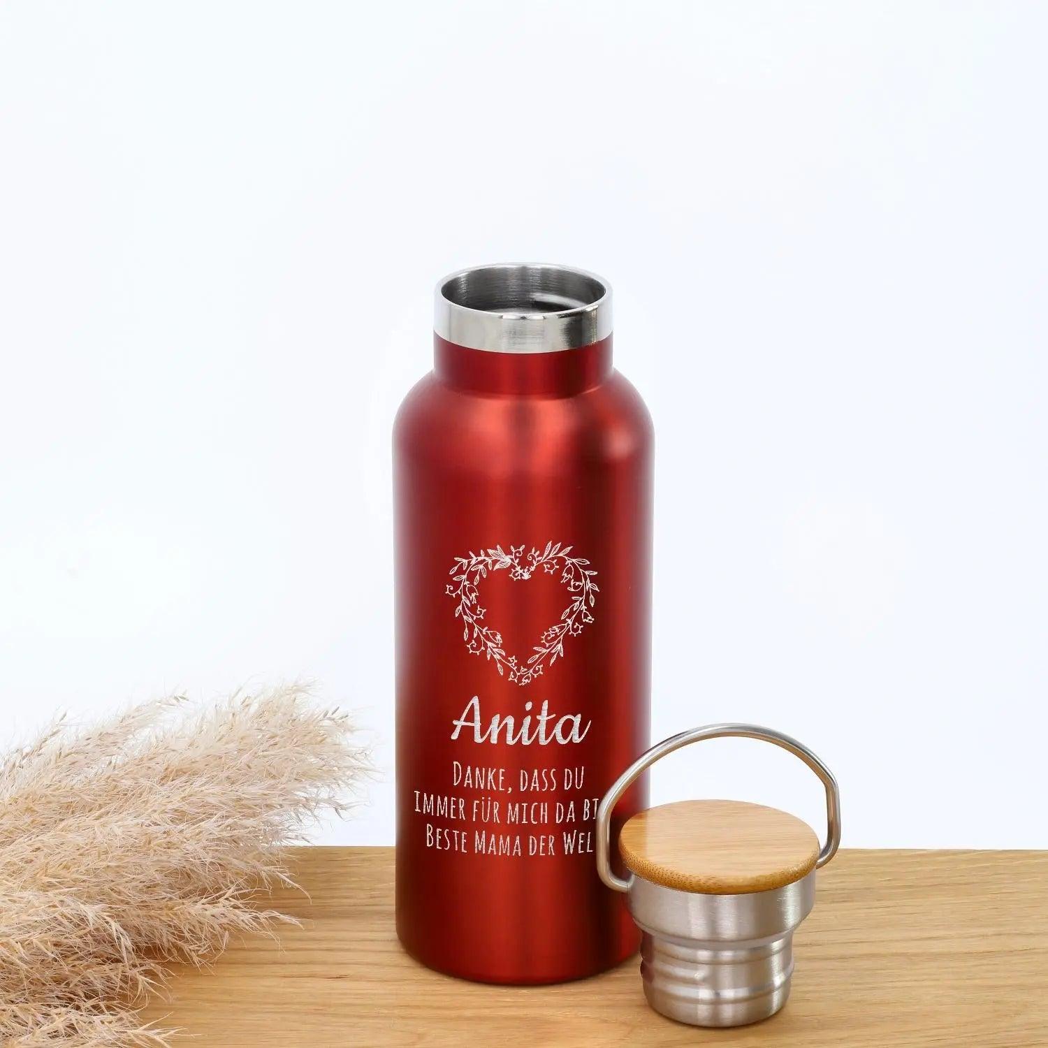 Trinkflasche personalisiert mit Bambus-Deckel in metallic rot (500 ml)