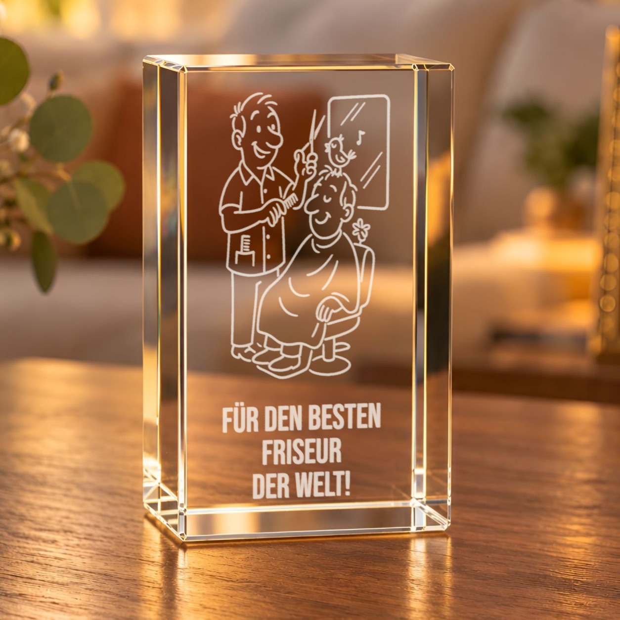 Glaskristall Friseur mit 3D-Laserinnengravur auf einem Holztisch im warm beleuchteten Wohnzimmer