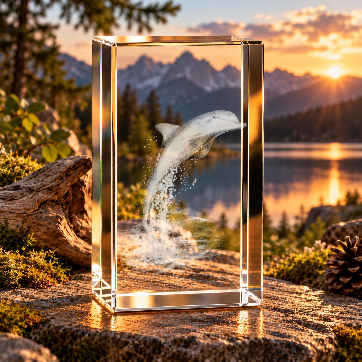 3D-Glaskristall Delfin: Glasquader mit gelasertem springendem Delfin und Wasserspritzern, aufgestellt auf einem Felsen vor einem Bergsee im Abendlicht