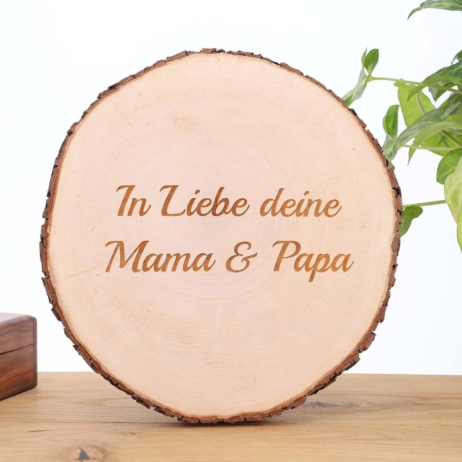 Baumscheibe Erle „Deluxe“ mit Gravur (Ø 21–24 cm)