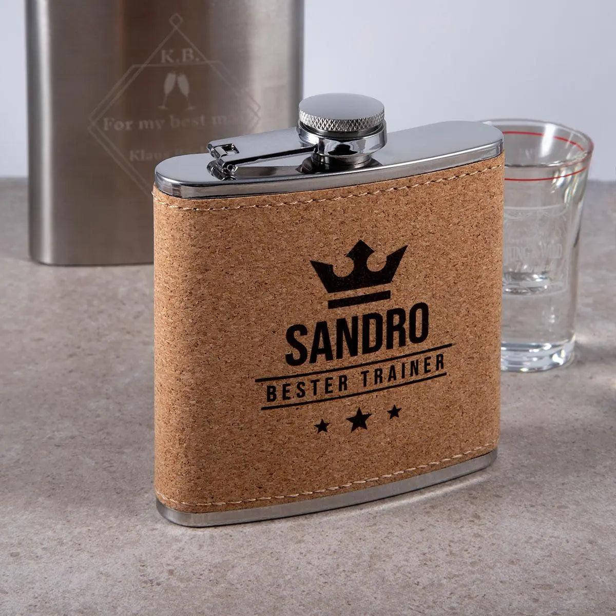 Flachmann aus Edelstahl mit Kork und Gravur 175 ml - personalisiertes Geschenk für Outdoor und Genießer