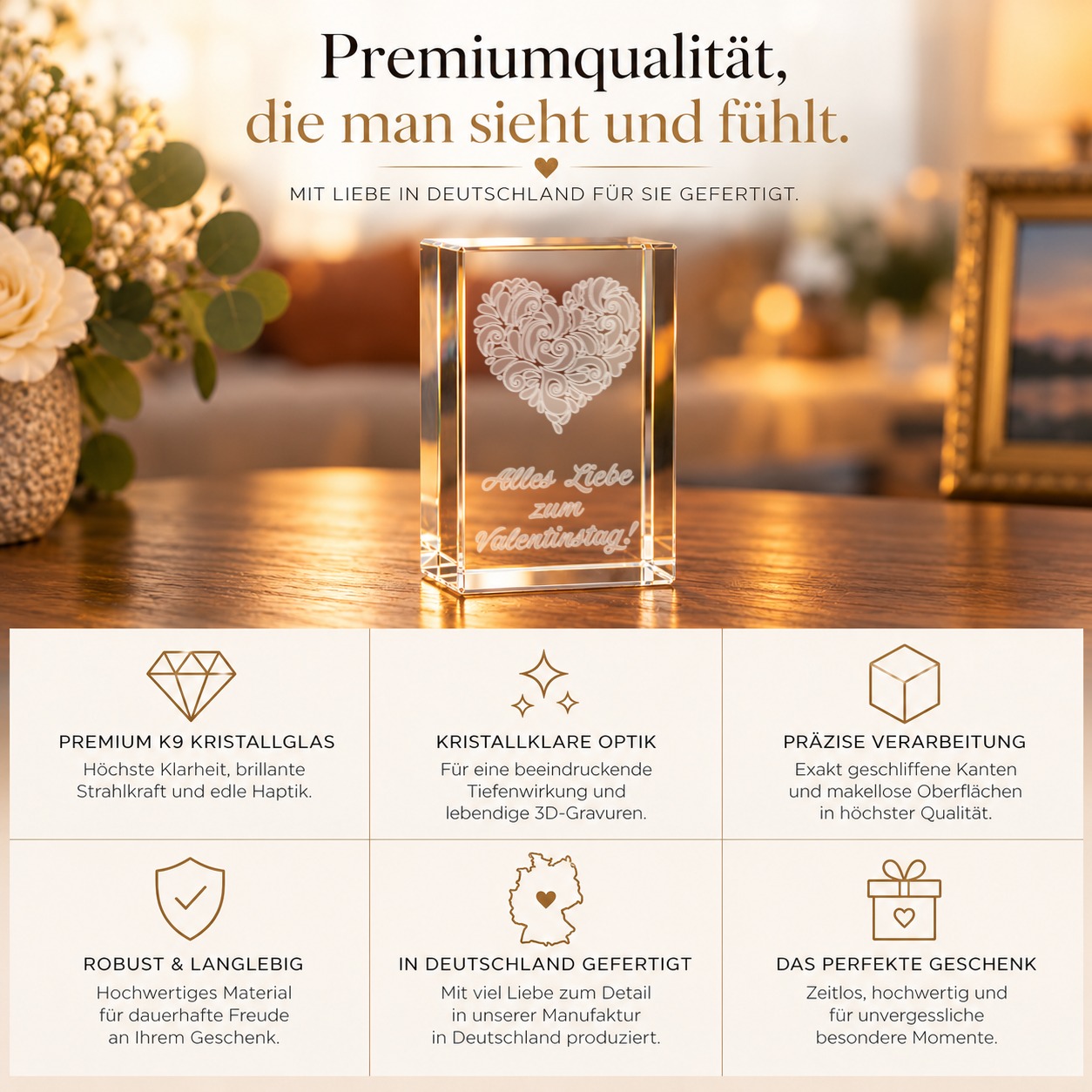 3D Glasquader I verziertes Herz I Alles Liebe zum Valentinstag! – Qualität
