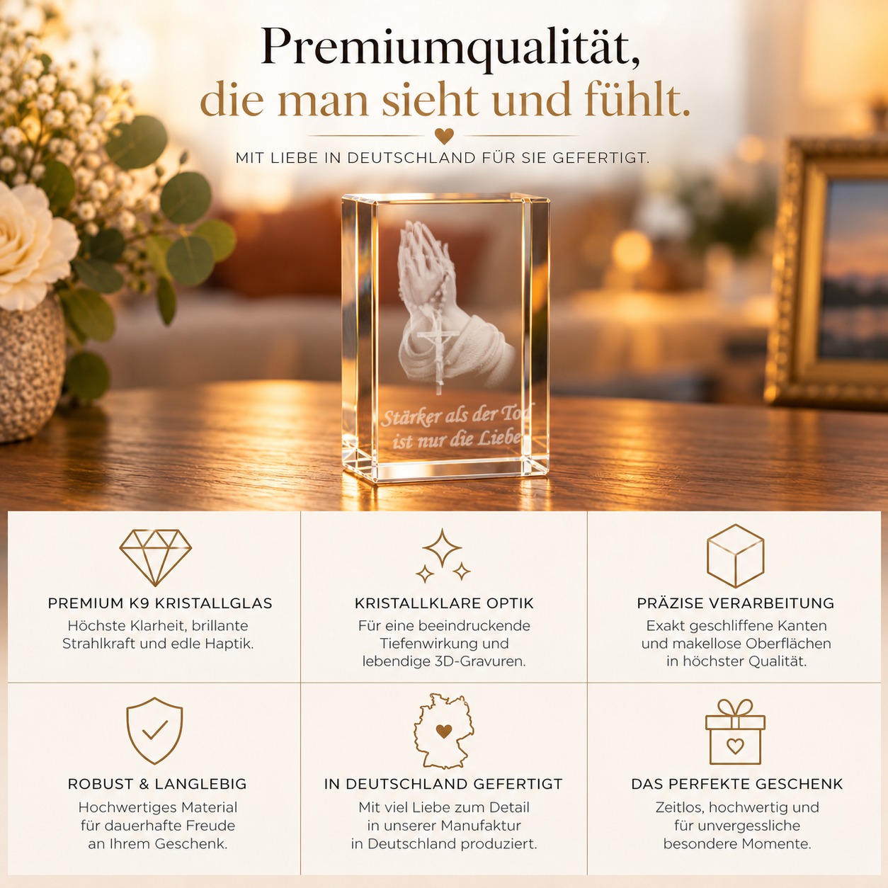 3D Glasquader   Motiv: Betende Hände Text: Stärker als der Tod ist nur die Liebe! – Qualität