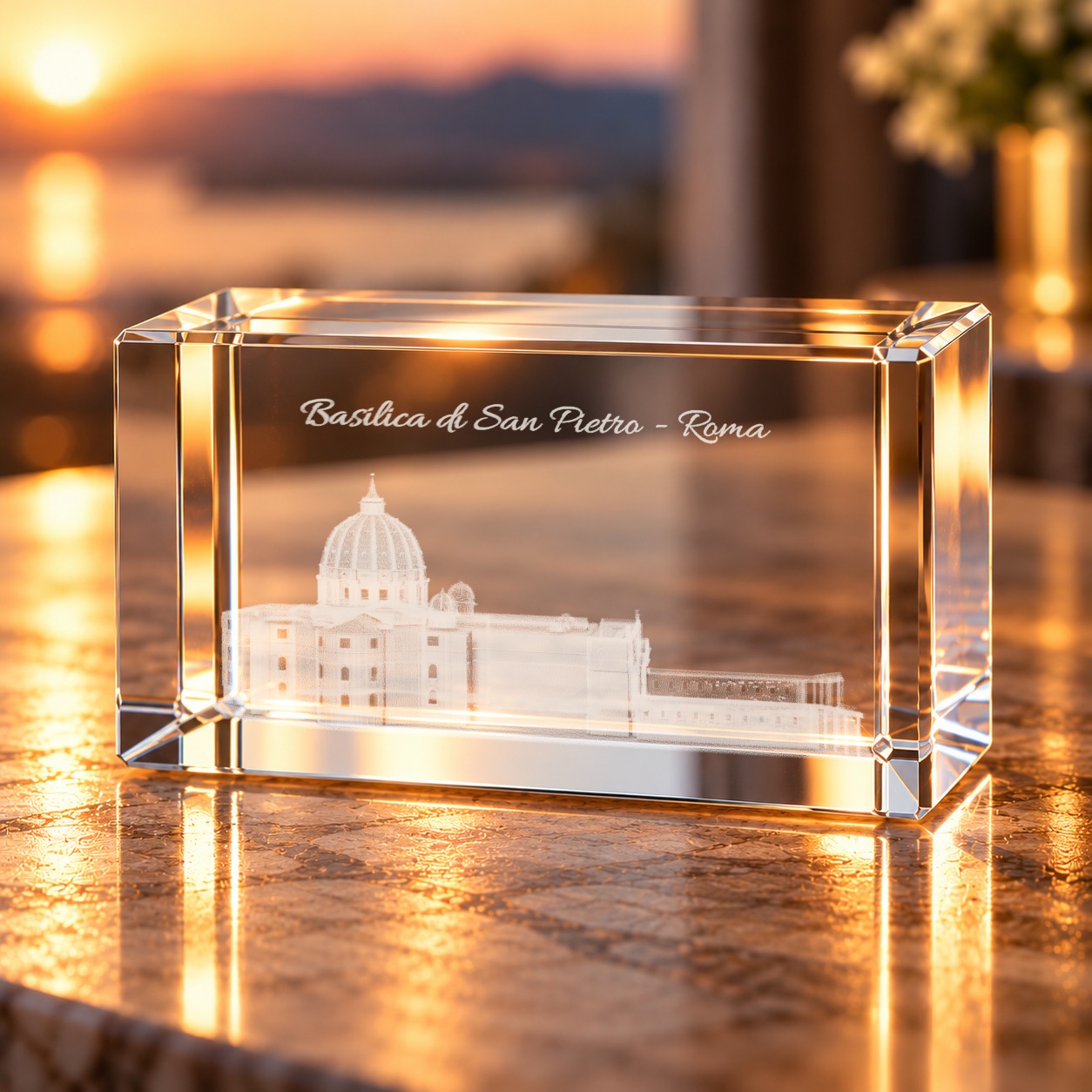 Glaskristall Petersdom mit 3D-Gravur der Basilica di San Pietro auf einer Steinplatte im warmen Abendlicht