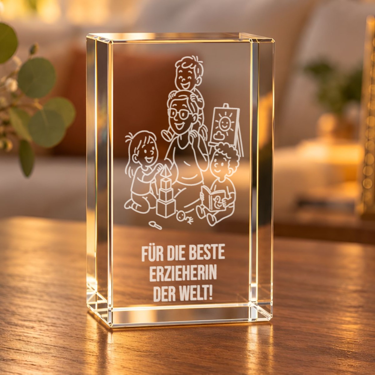 Glaskristall Erzieherin mit 3D-Gravur von Erzieherin und Kindern auf einem Holztisch im Wohnzimmer, warm beleuchtet