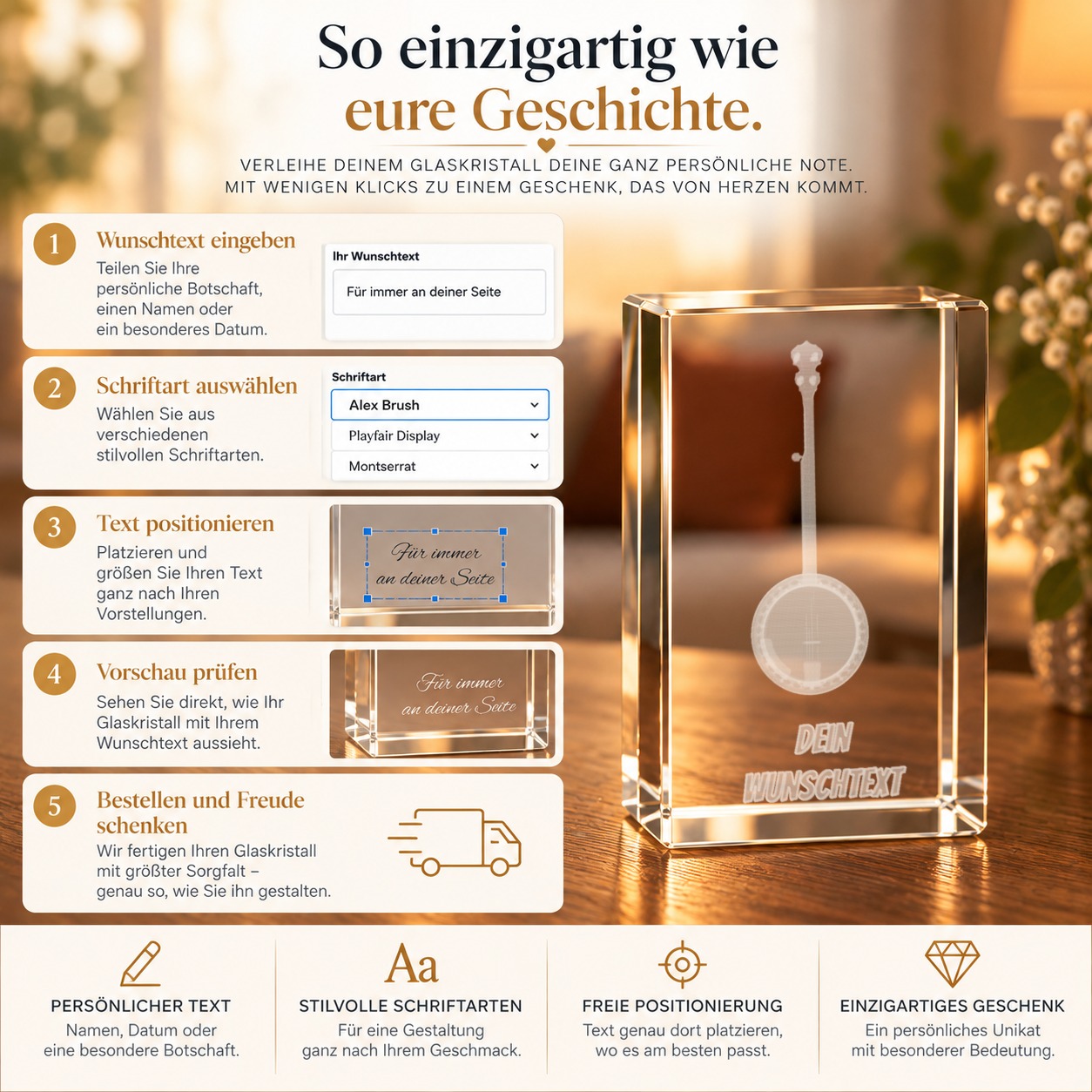 3D Glasquader | Banjo mit Wunschnamen | Geschenk für Banjospieler | Musiker | Bandmitglied – Personalisierung
