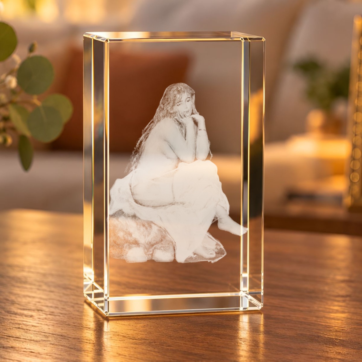 3D-Glaskristall Renoir Bathers mit Laserinnengravur einer sitzenden Frau, auf einem Holztisch im Wohnraum