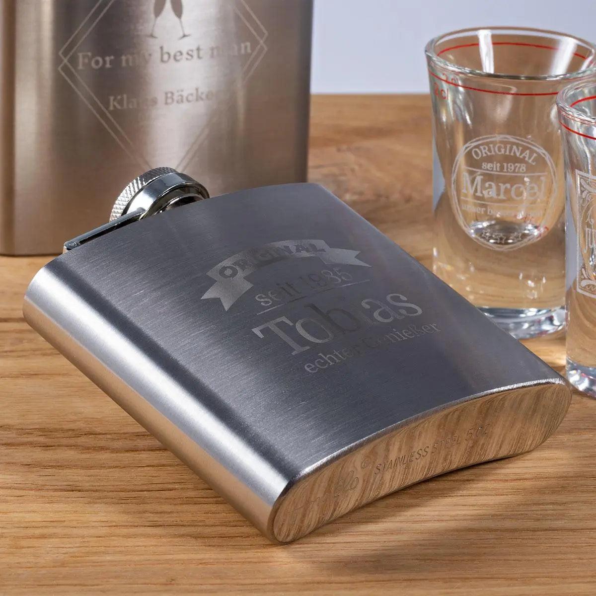Flachmann mit Gravur 150 ml aus Edelstahl - personalisiertes Geschenk für Männer, Freunde und Kollegen
