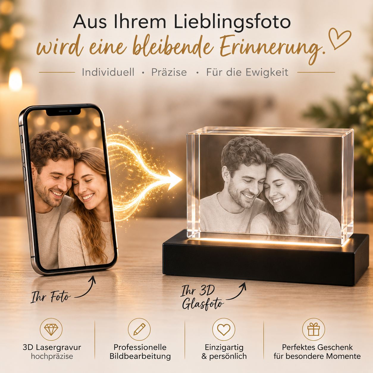 3D Glasfoto Quader Querformat - Größe: 60 x 40 x 40 mm - für 1 Person oder Tier