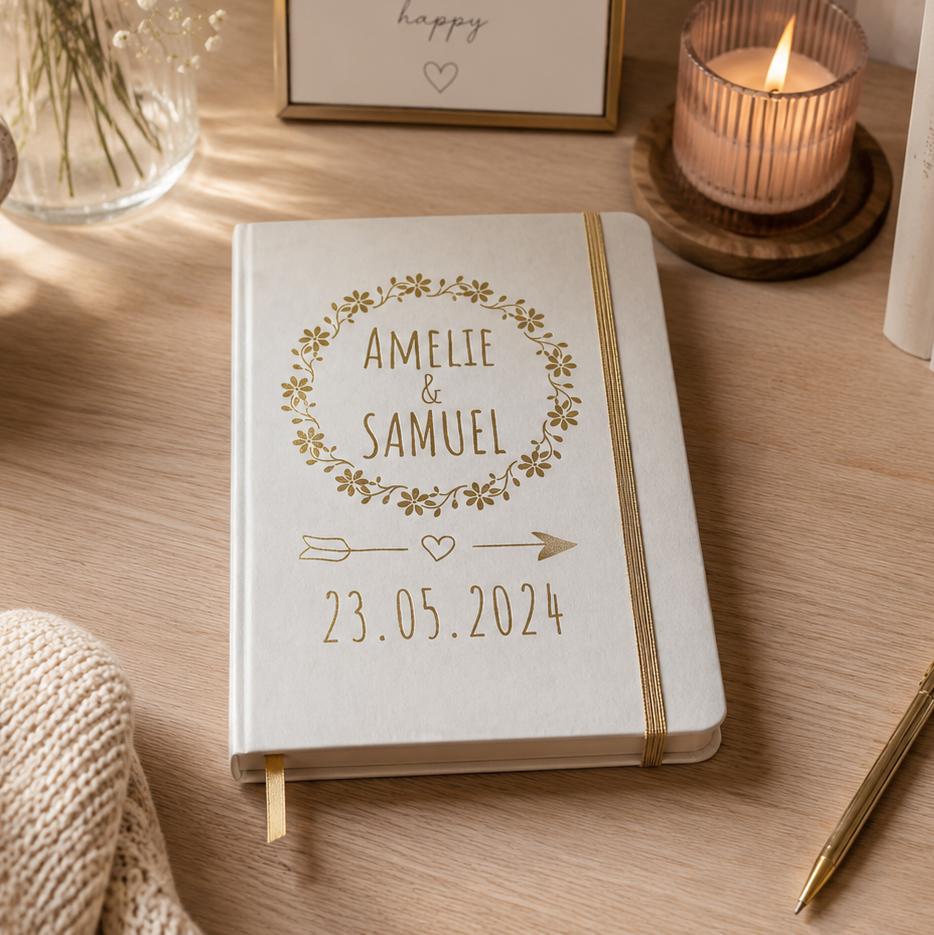 Notizbuch personalisiert Weiß / Gold Metallic - DIN A5 mit Gravur