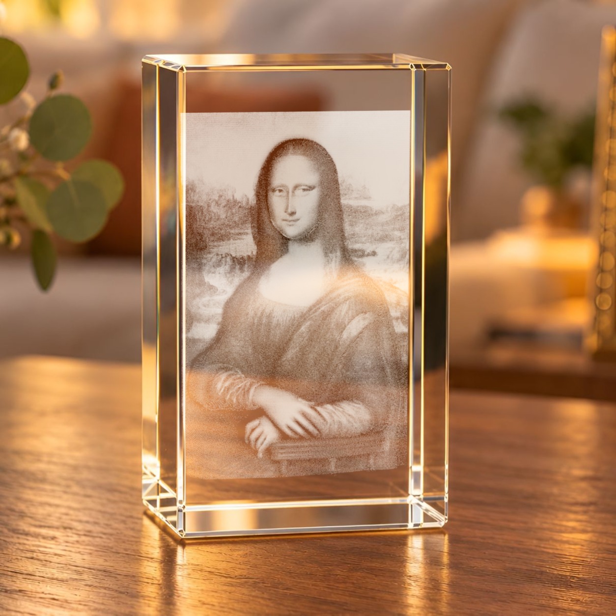 Glaskristall Mona Lisa mit 3D-Laserinnengravur auf einem Holztisch im Wohnraum bei warmem Licht