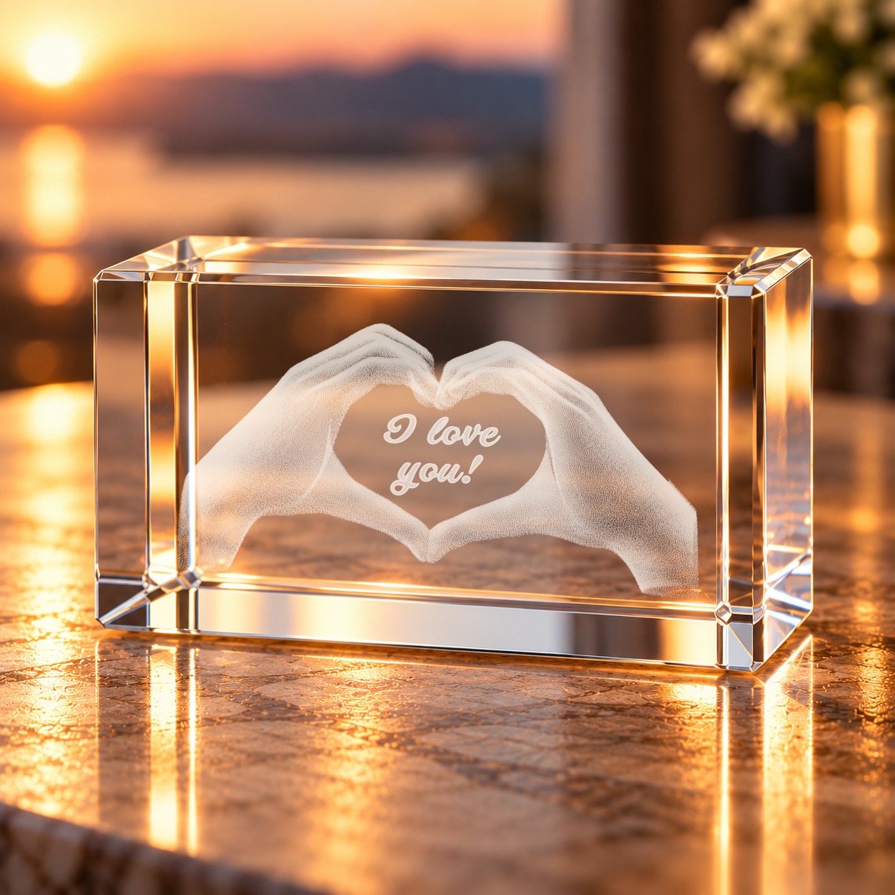 Glaskristall Herz aus Händen mit „I love you!“ als 3D-Innengravur auf einem Tisch im warmen Abendlicht