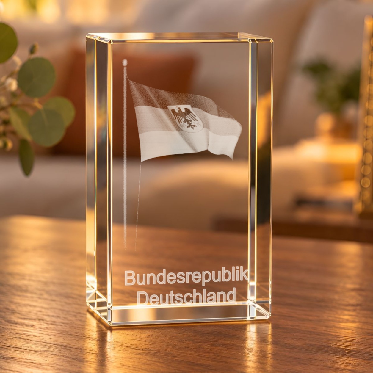 3D-Glaskristall Deutschlandfahne mit Bundesadler und Schriftzug „Bundesrepublik Deutschland“ auf einem Holztisch im Wohnzimmer