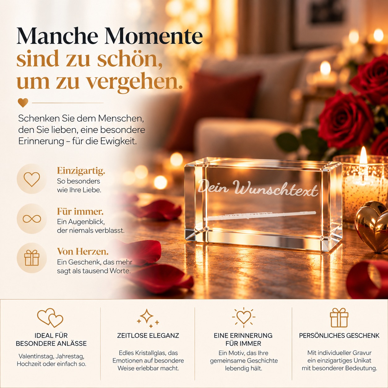 Glaskristall Querflöte mit Wunschtext als Geschenk für Musiker, Seitenansicht des massiven Kristallglases