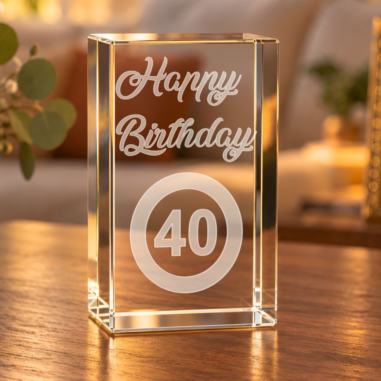 3D-Glaskristall zum 40. Geburtstag mit Gravur „Happy Birthday“ und Tempo-40-Schild auf einem Holztisch im Wohnzimmer