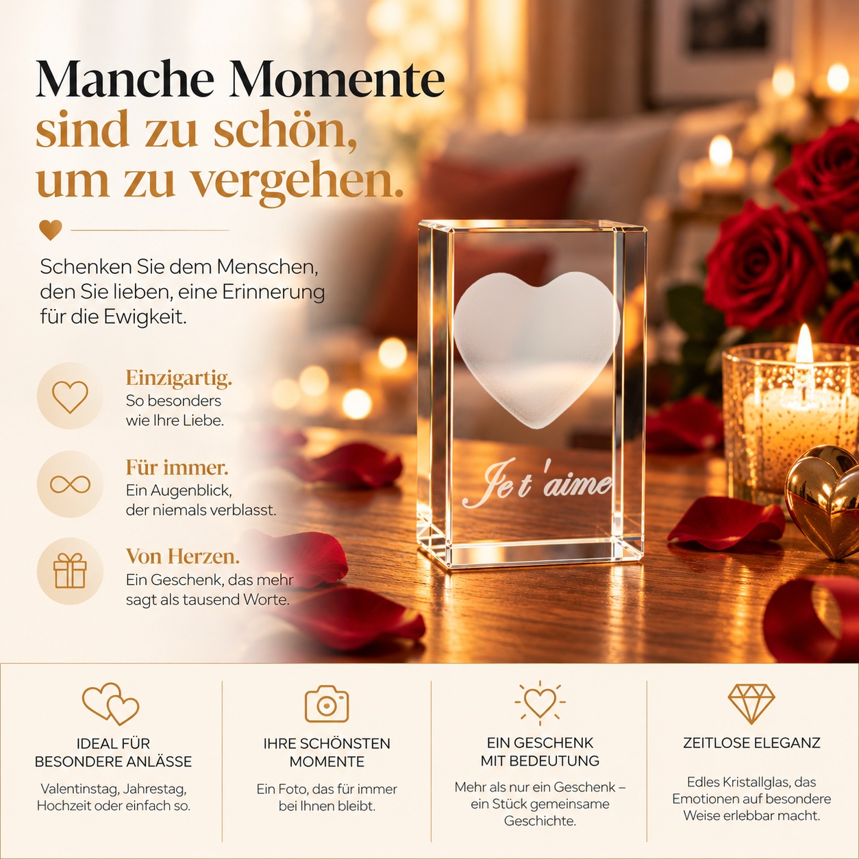 Glaskristall Herz mit „Je t’aime“ als Liebesgeschenk, Seitenansicht mit polierten Glaskanten