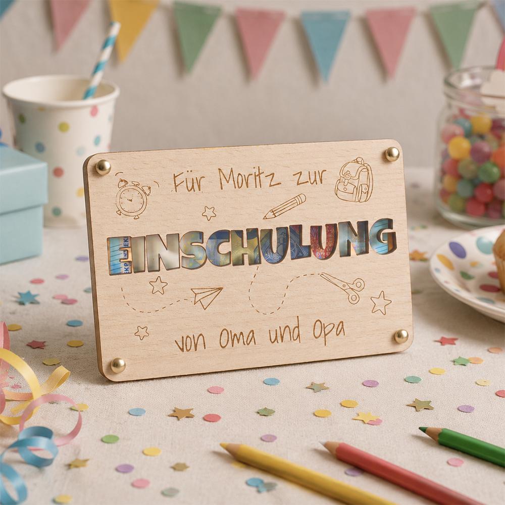 Geldgeschenk zur EINSCHULUNG aus Holz - Personalisiert mit Name - Geschenk von Oma & Opa - Gutschein fuer Schulanfang