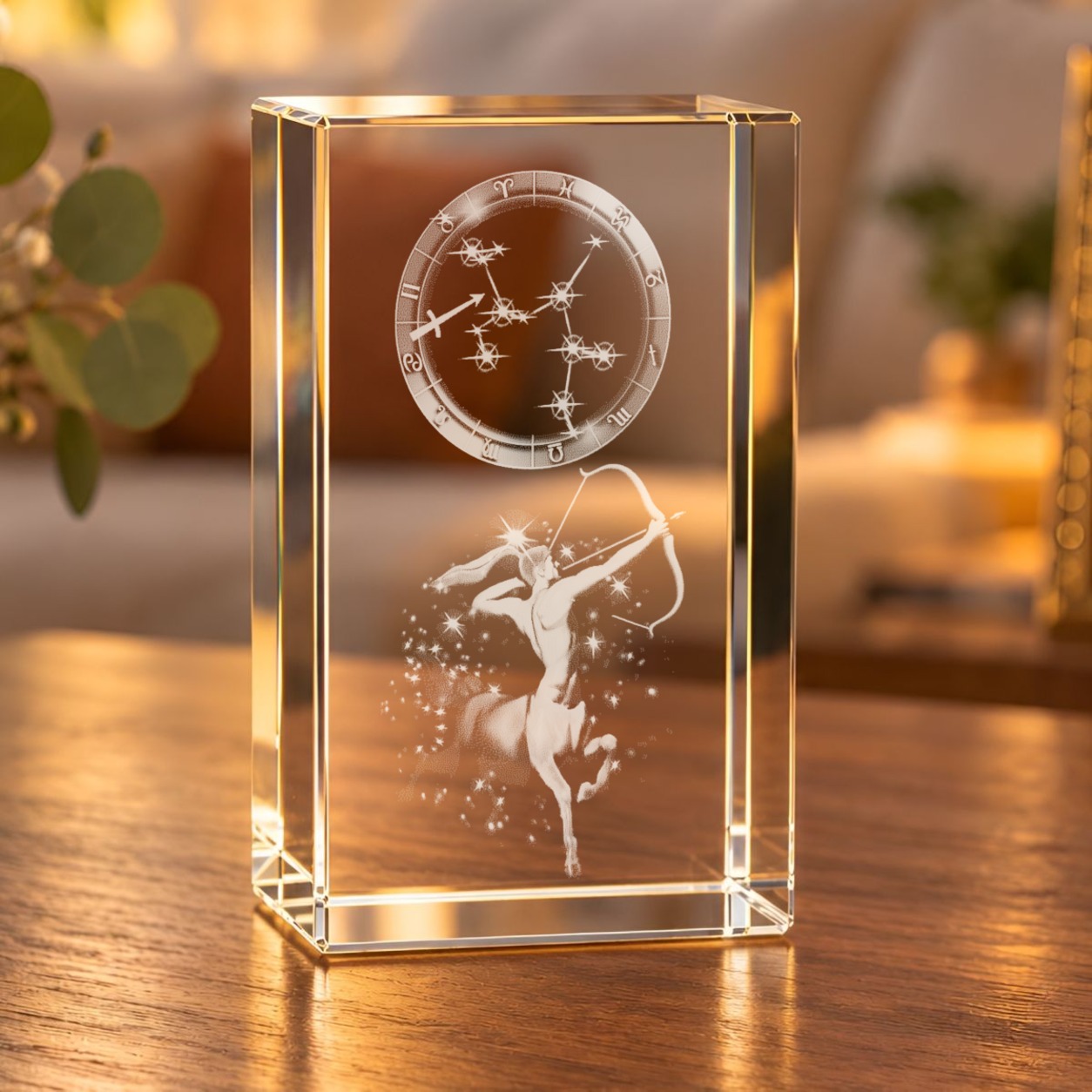 Glaskristall Sternzeichen Schütze mit 3D-Gravur von Zentaur, Sternbild und Tierkreisring auf einem Holztisch im Wohnzimmer