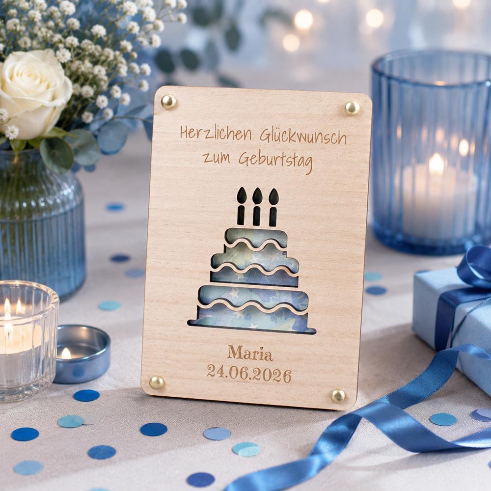 Geldgeschenk Geburtstagstorte aus Holz mit Namen - Originelle Verpackung fuer Geldgeschenke zum Geburtstag