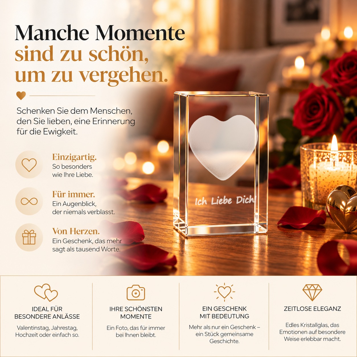 Glasquader mit 3D-Herz und „Ich liebe Dich!“ als Liebesgeschenk, Detailansicht der Innengravur