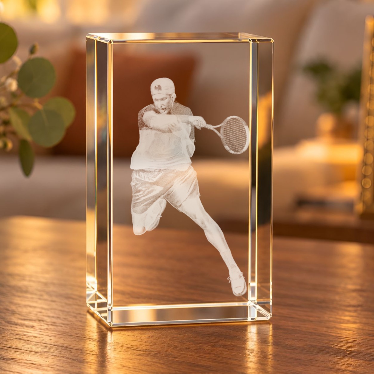 3D-Glaskristall Tennisspieler mit Laserinnengravur auf einem Holztisch im Wohnzimmer