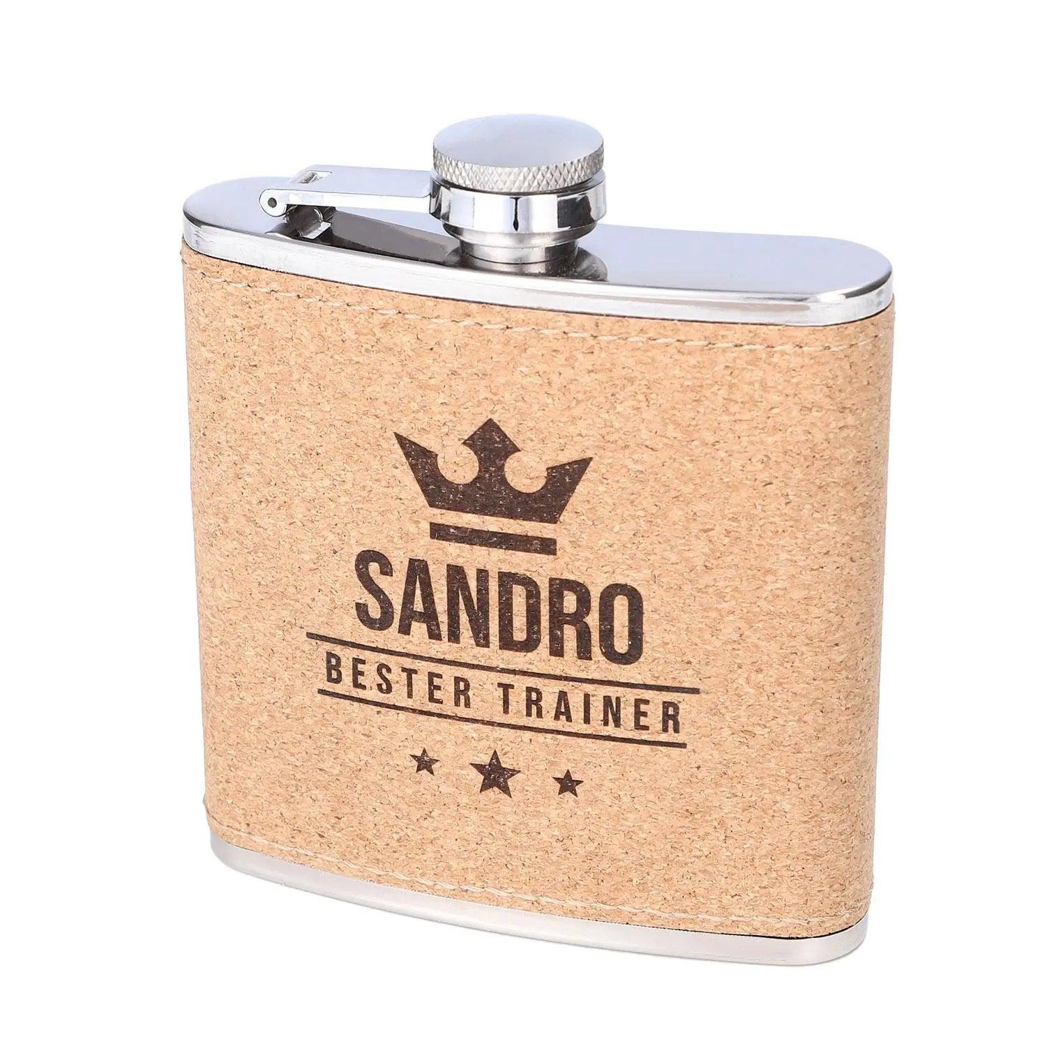 Flachmann aus Edelstahl mit Kork und Gravur 175 ml - personalisiertes Geschenk für Outdoor und Genießer