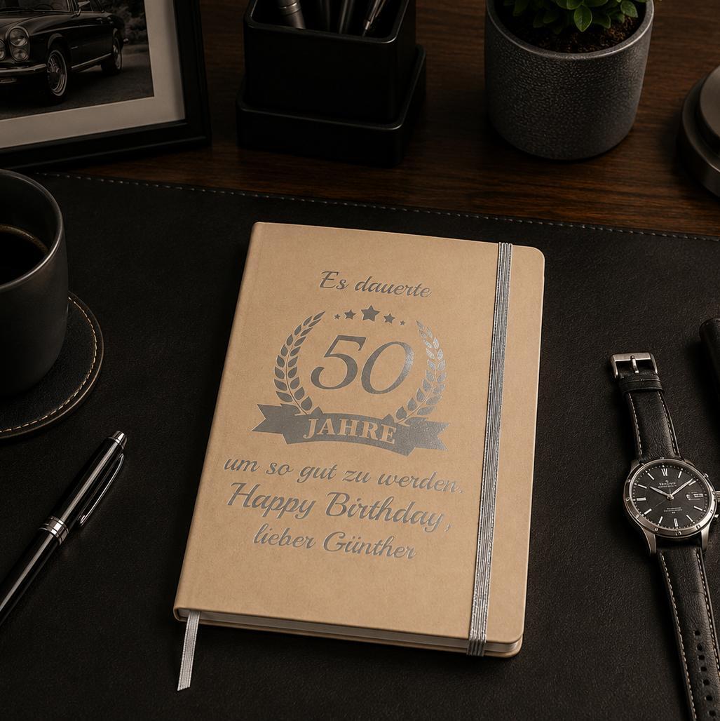 Notizbuch personalisiert Champagner / Silber Metallic - DIN A5 mit Gravur